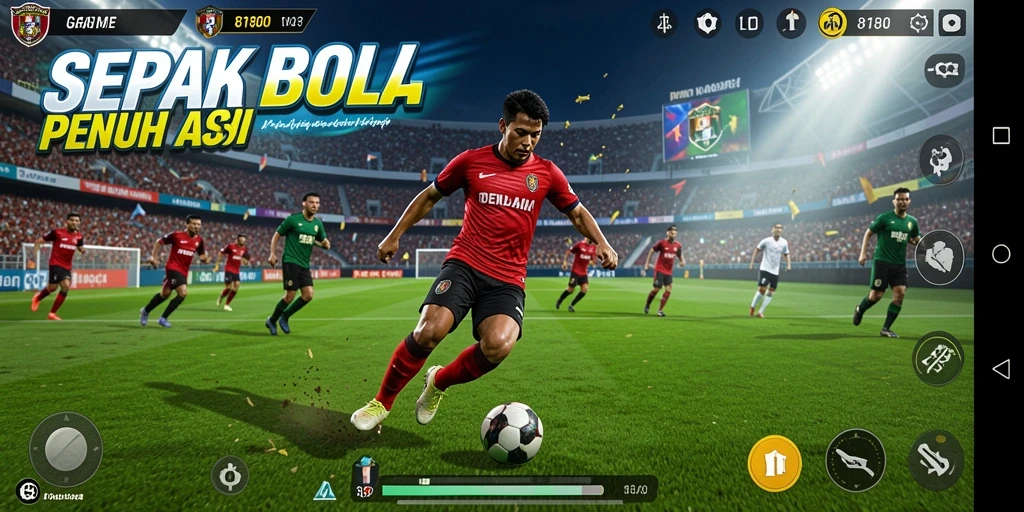 Screenshot gameplay 8180 menampilkan aksi seru di lapangan sepak bola.