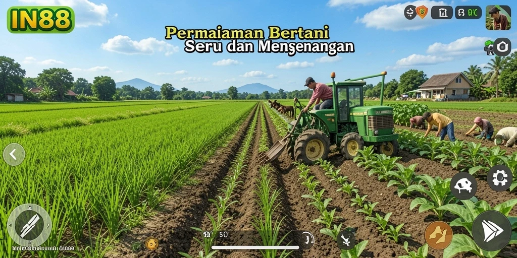 Screenshot gameplay IN88 yang menunjukkan ladang hijau subur dan aktivitas bertani.
