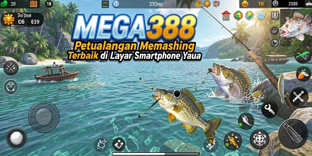 Tampilan seru gameplay MEGA388 saat menangkap ikan di danau.